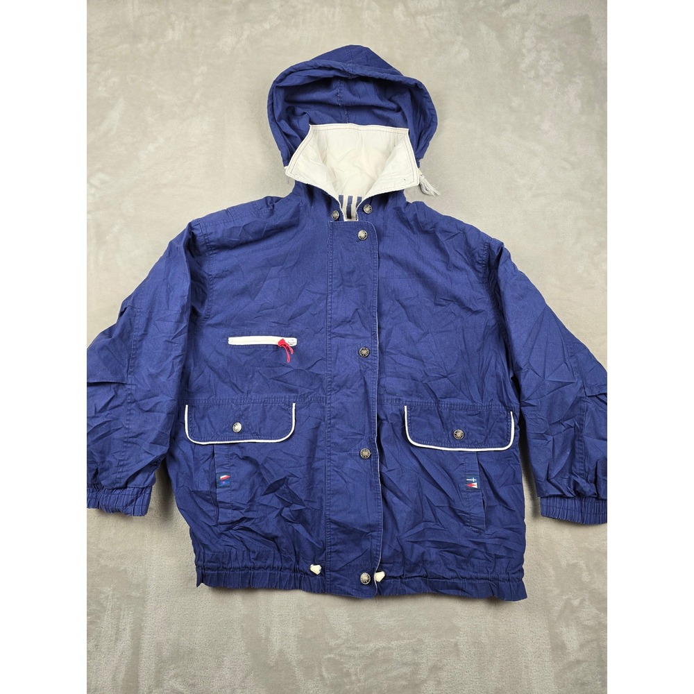 Vintage IZZI Spirit Jacket Women 2X Blue Hood Nautical Sailing Windbreaker *Read